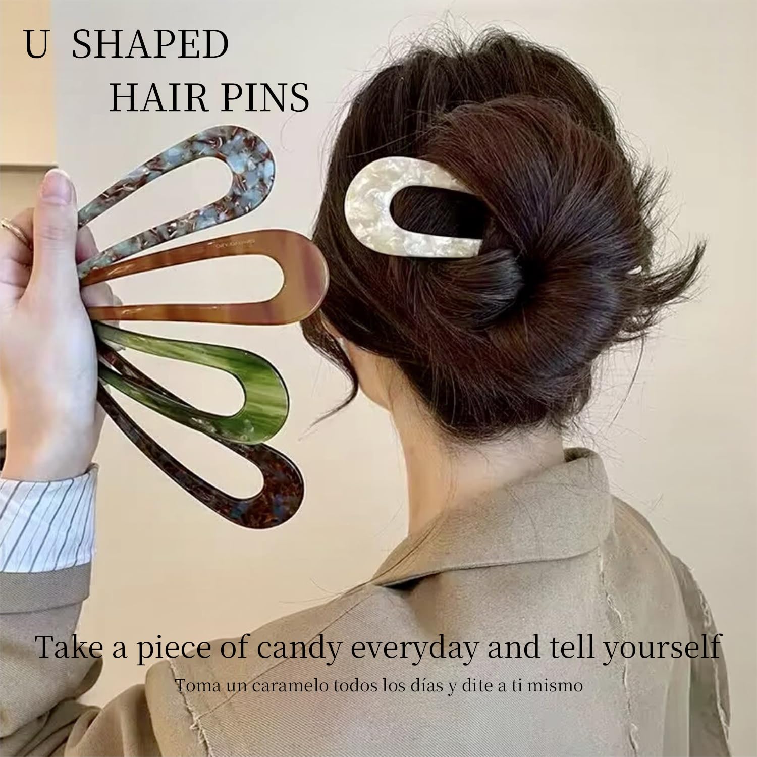 5Pcs Hair Sticks Set, U-Shaped Vintage Boho Hair Pins with Tortoiseshell/Cream/Green Colors - Image 2