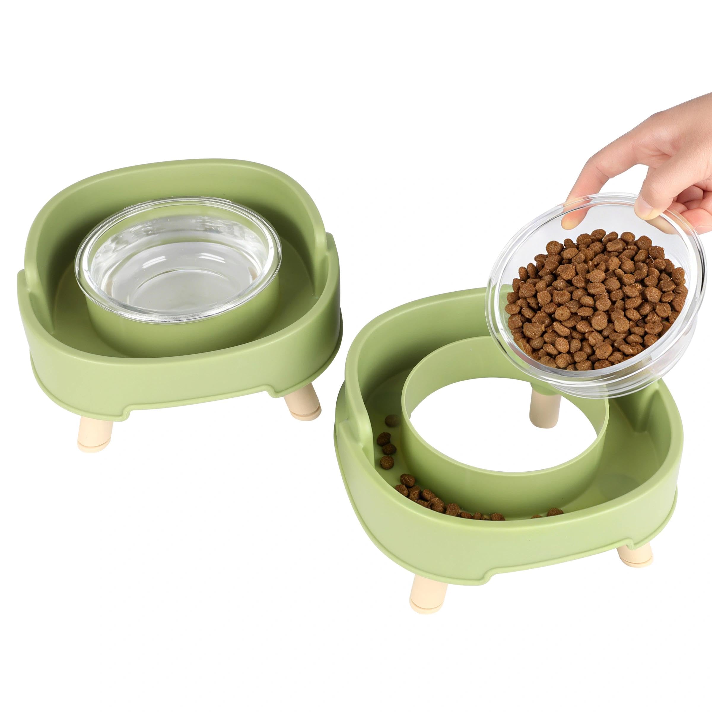 2pcs Raised Cat Bowls with Deep Moat Stand, Non-Spill & Non-Skid