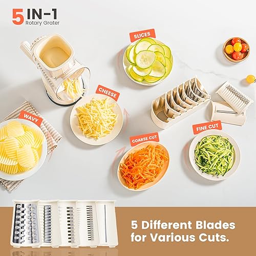 Miniatura 3 de Emojoy - Rallador giratorio de queso, manivela de mano, trituradora de queso 5 en 1, picadora de verduras con base de succión fuerte, ralladores de
