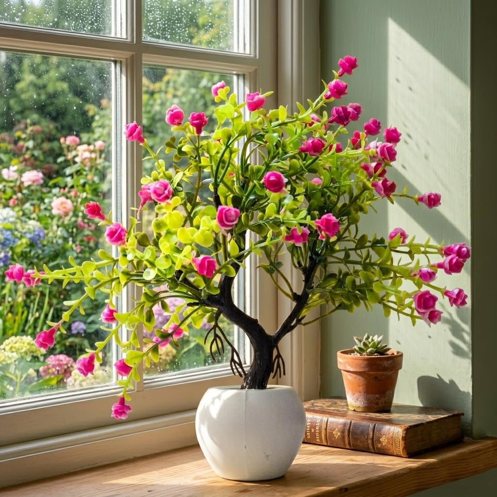 Pink & White Artificial Bonsai Plants - Easy Care -6 Pink & White Artificial Bonsai Plants - Easy Care -6