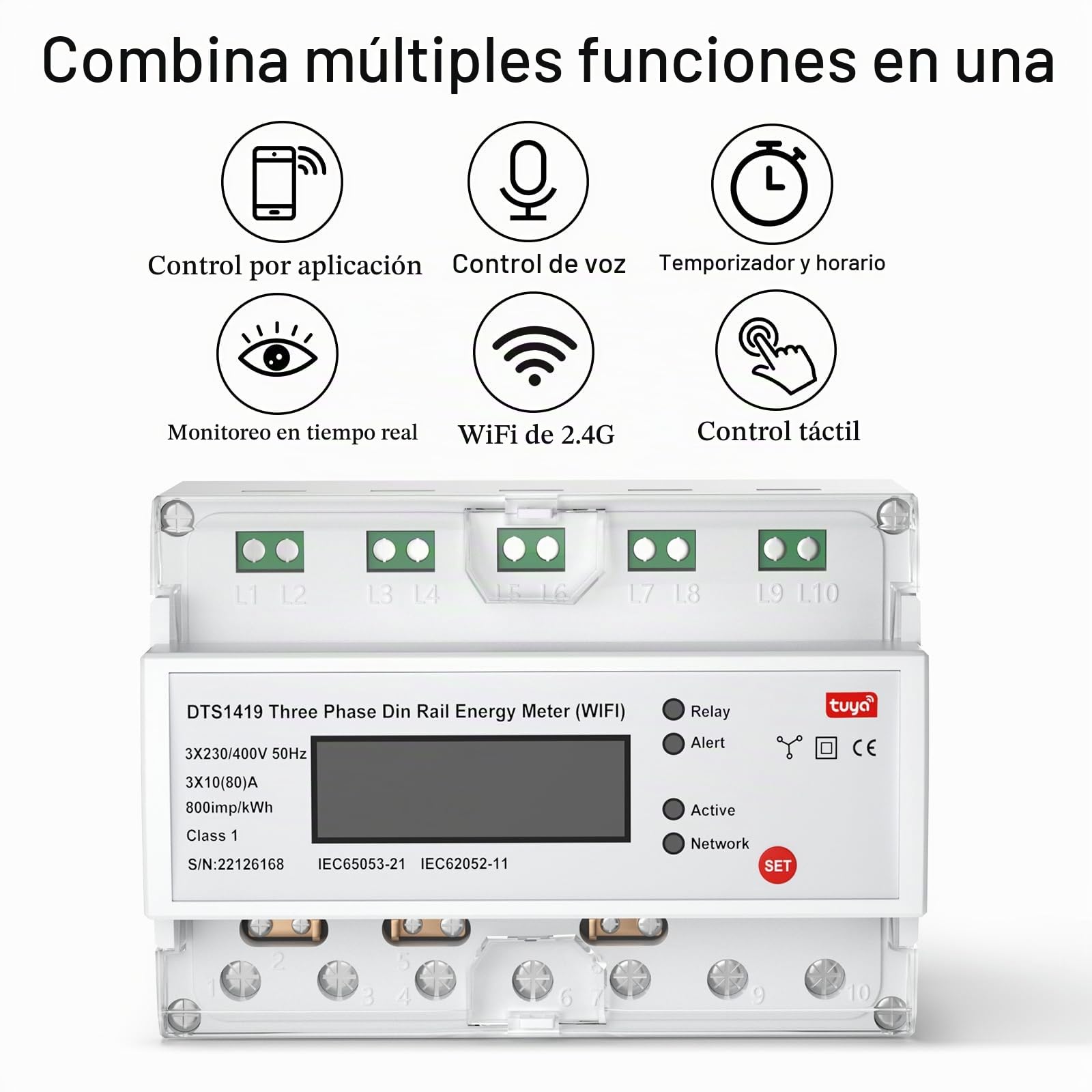 eMylo Medidor de Energía WiFi Inteligente Trifásico, Contador Digital LCD para Riel DIN, Monitor de Consumo Eléctrico 80A 230-400V, Control Remoto por App, Compatible con Alexa y Google Assistant
