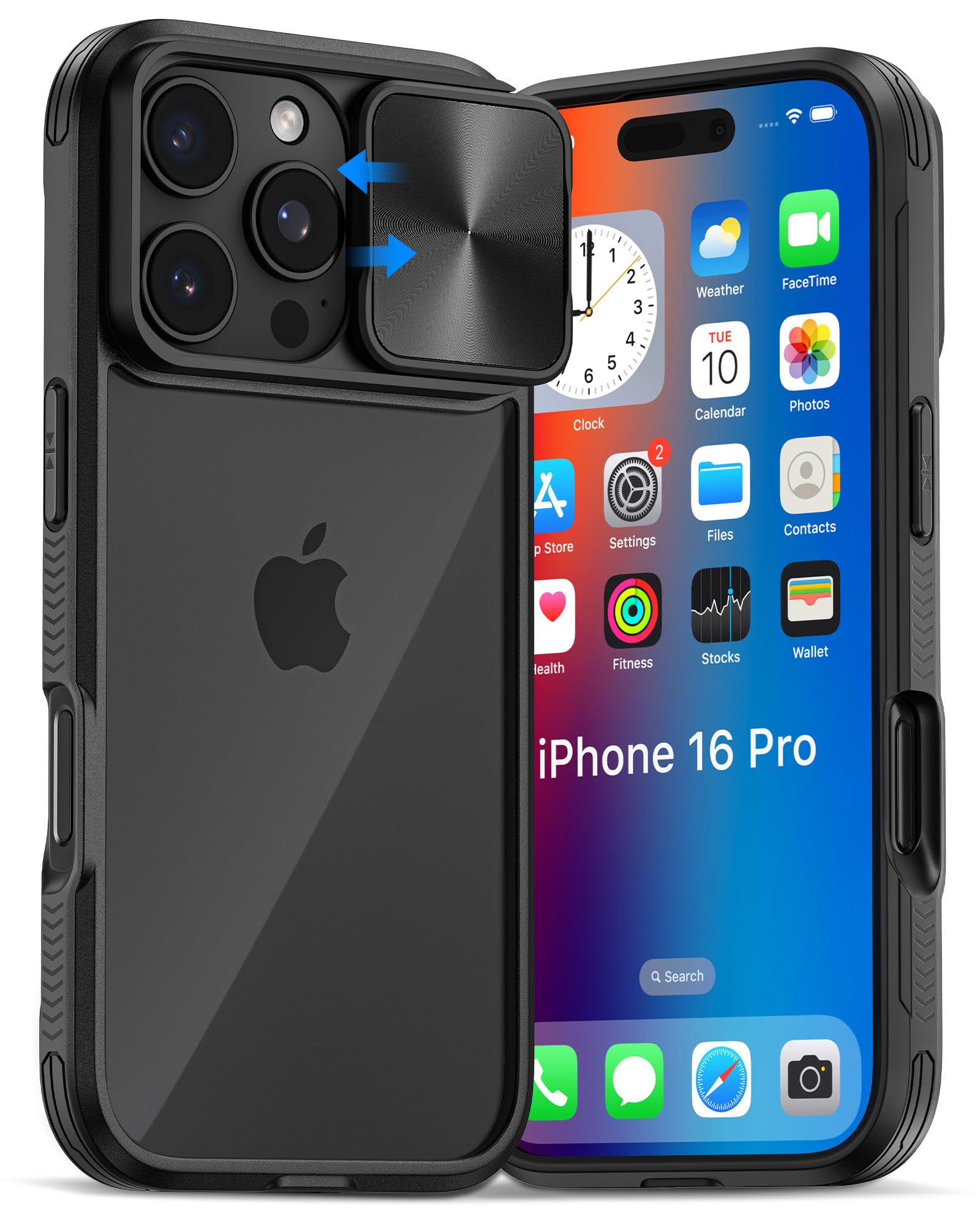 Doeshine For IPhone 16 Pro Case With 2 Pack Screen Protector And Slide Camera Cover, Military-Grade Drop Protection Rugged Hard PC Magnetic Shockproof Phone Case Cover For IPhone 16 Pro 2024 (Black - View #5