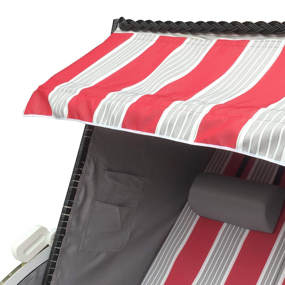 BRAST® Strandkorb Sylt XXL für 2 Personen 115cm breit mehrere Designs incl. wetterfeste Abdeckhaube verstellbare Rückenlehne Fußkissen Farbe Rot/Grau/Weiß gestreift
