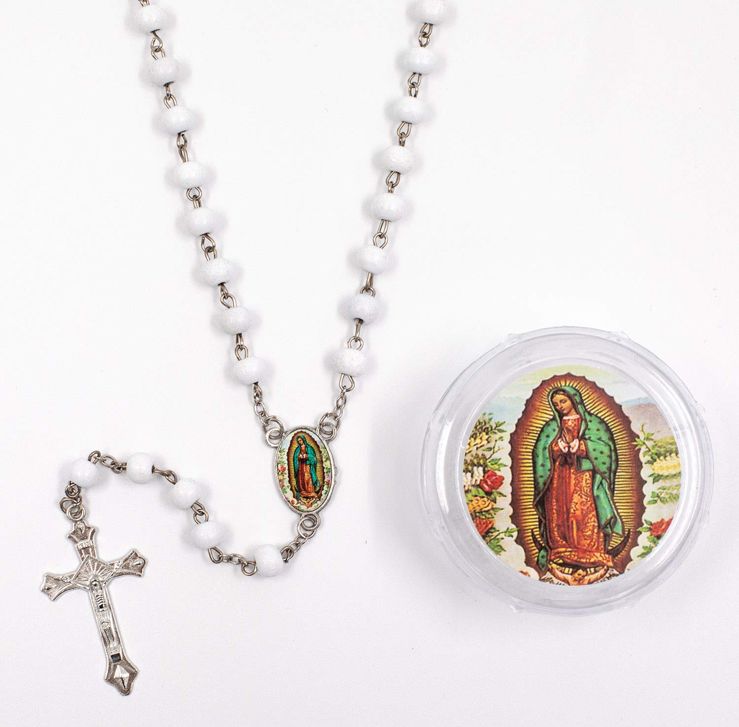 12-Pack Virgen De Guadalupe Rosaries – White Wood Beads, Silver Cross, Baptism Or First Communion Favors