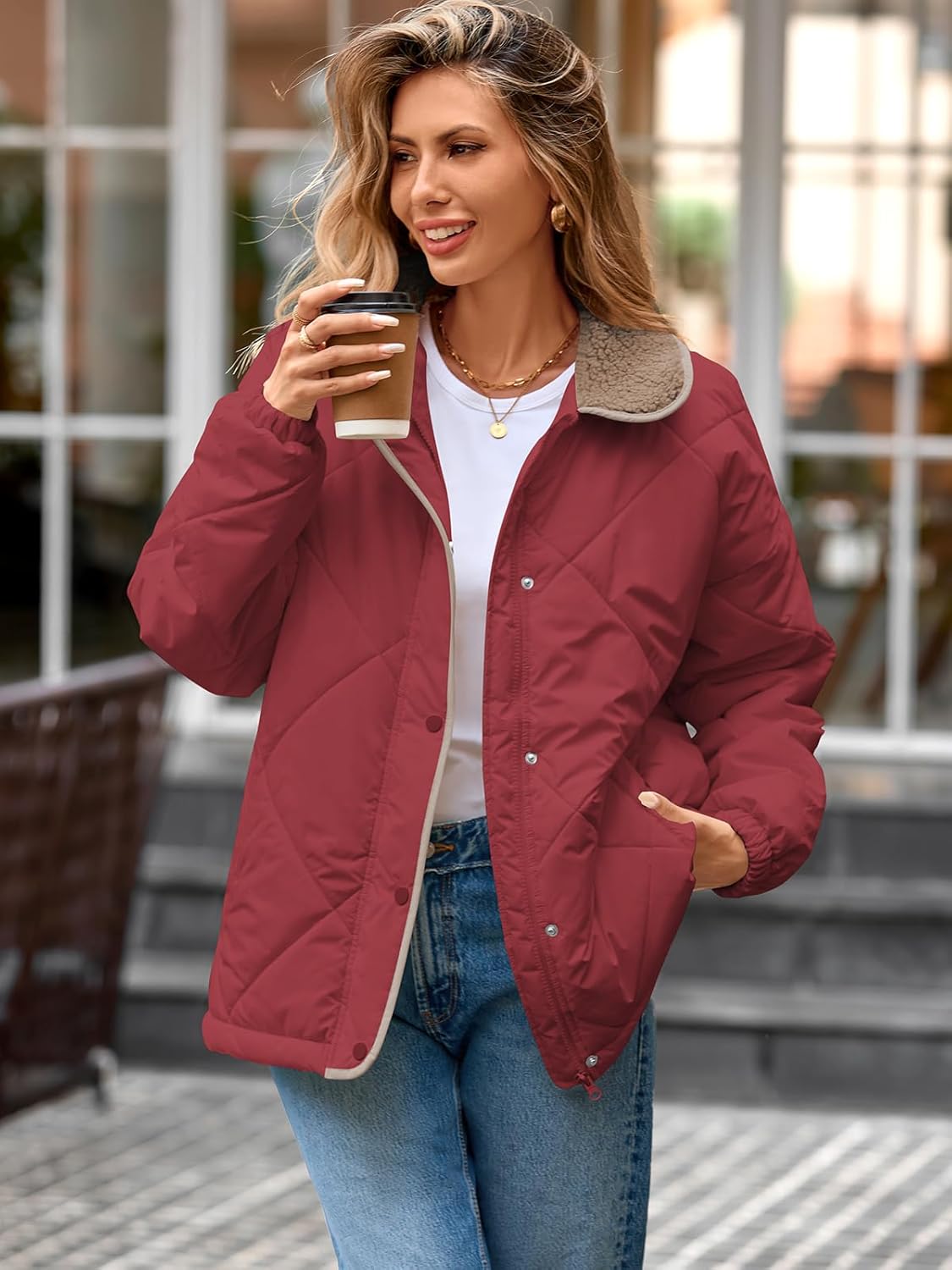 Naggoo Women's Casual Long Sleeve Quilted Jackets Loose Button Down Zipper Winter Puffer Jacket Coat Outwear - Image 3