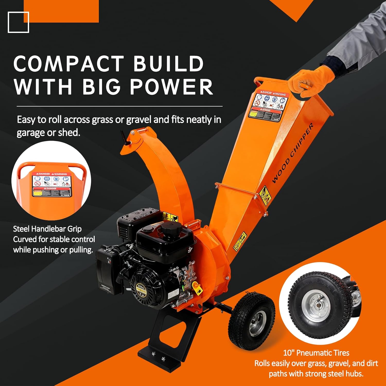 Wood Chipper Shredder, 7HP 212cc Heavy Duty Gas Powered Mulcher, 3" Max Diameter Capacity, 15:1 Reduction Ratio, Easy Assembly, EP-A Certified Orange