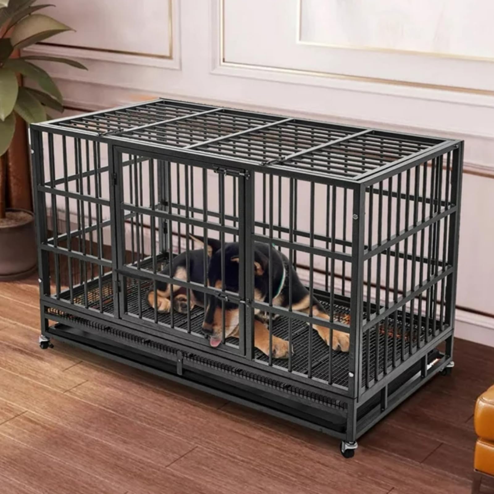 Robuste Hundebox Aus Metall Mit Rädern, 122 Cm – Ausbruchsicherer Käfig Für Große Hunde, Mit Abnehmbarem Tablett, XL/XXL