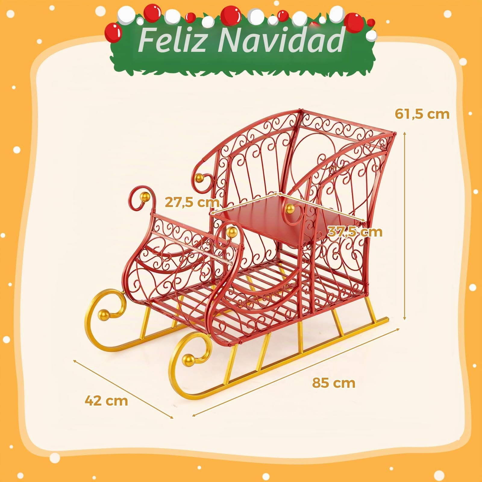 COSTWAY Trineo de Navidad de Metal, 85 x 42 x 61,5 cm, Trineo de Papá Noel de 2 Niveles para guradar Regalos Navideños, Carritos Trineos Decorativos, Adornos de Navidad para Interior, Diseño Calado