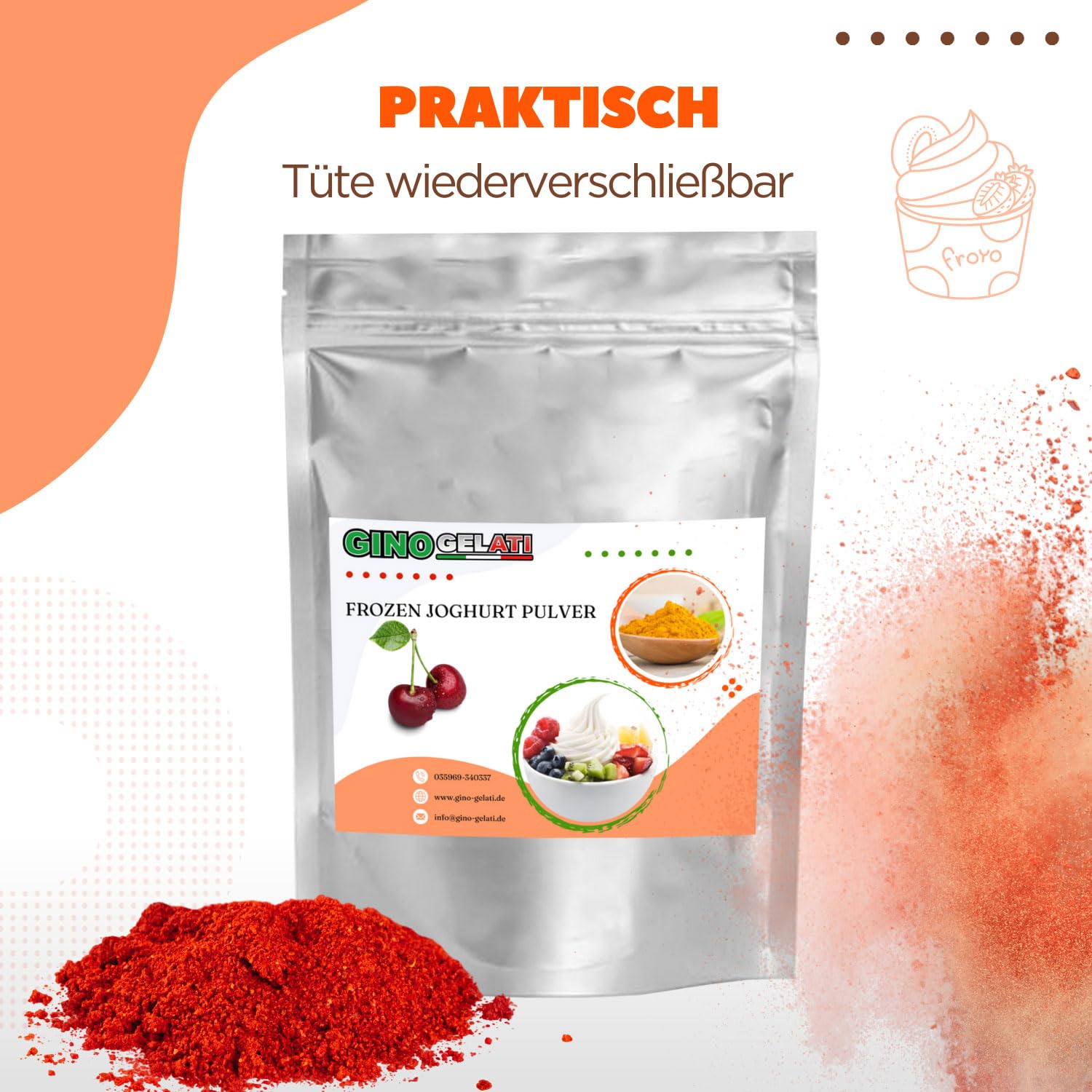 Gino Gelati Low Carb Eis Pulver Vegan Zucker-, laktosefrei mit fruchtigem Geschmack, schnelle und einfache Zubereitung, Made in Germany, Herstellung ohne Maschine (10 Kg, Mandarine)
