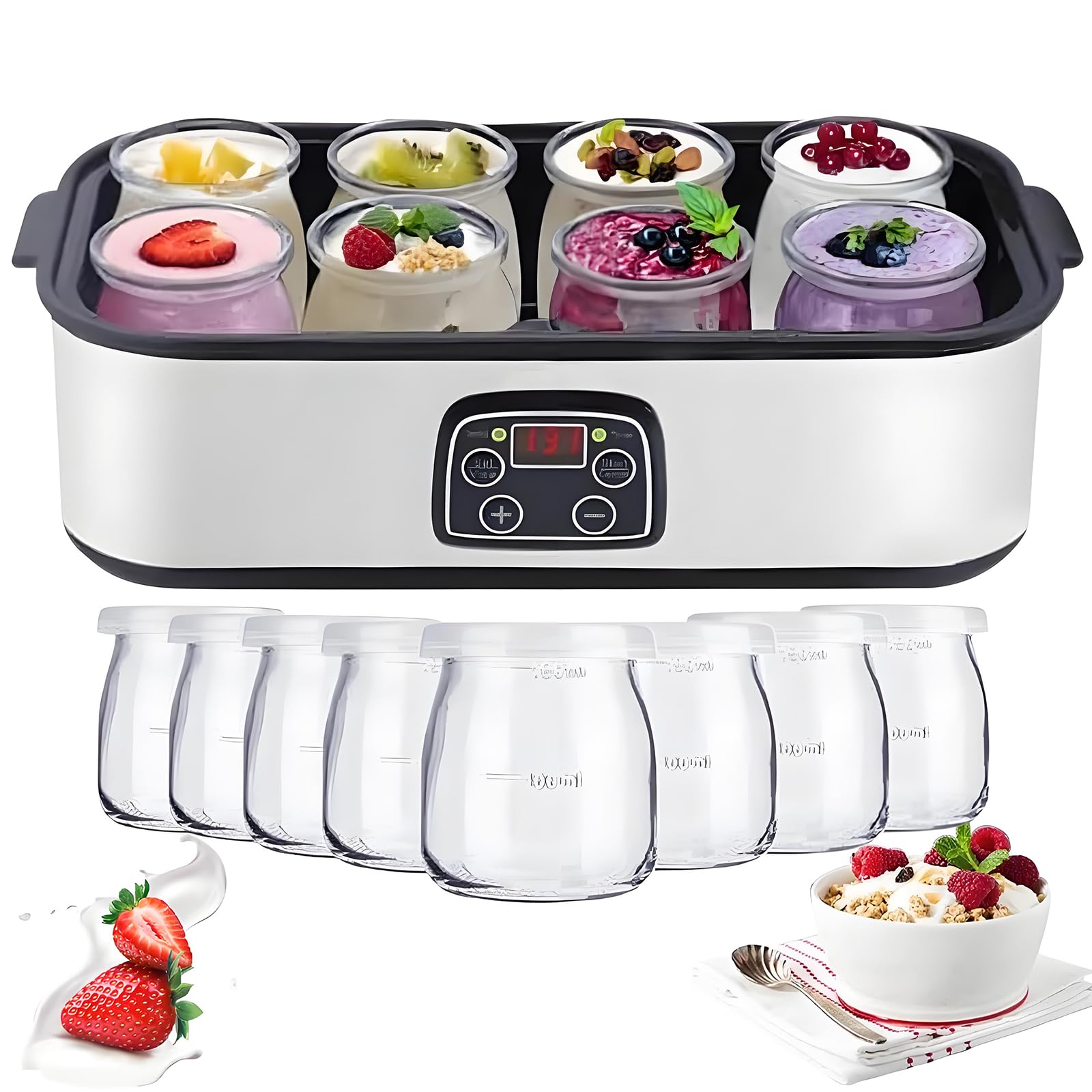 Men's Yoghurt Maker,1400Ml Electric Yogurt Maker,With 8 Jars 175Ml, Led Display And Timer Multi-Function Electric Yogurt Machine, Easy Cleaning Automatic Yogurt Maker For Homemade Fresh Yogurt Cheese