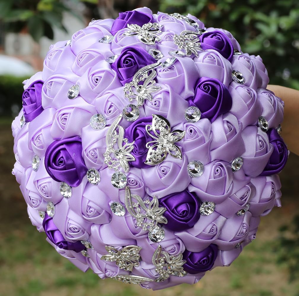 Sharebeauty 8.3" Handmade Satin Rose Bridal Bouquet Toss Round Wedding Bouquet Throw Toss Artificial Flower Bunch Light Purple + Purple
