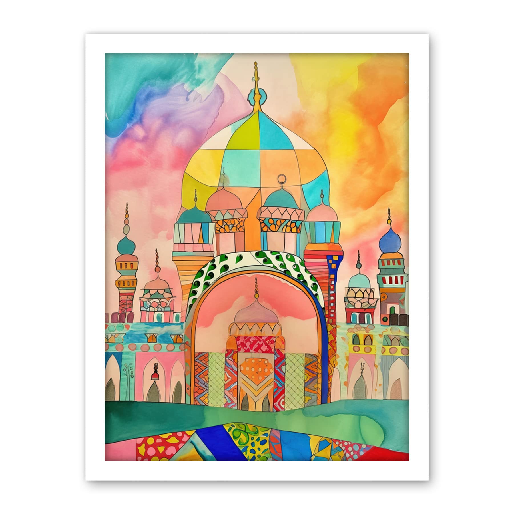 Artery8 Abstract Mosque Islam Folk Art Artwork Framed Wall Art Print 18X24 Inch