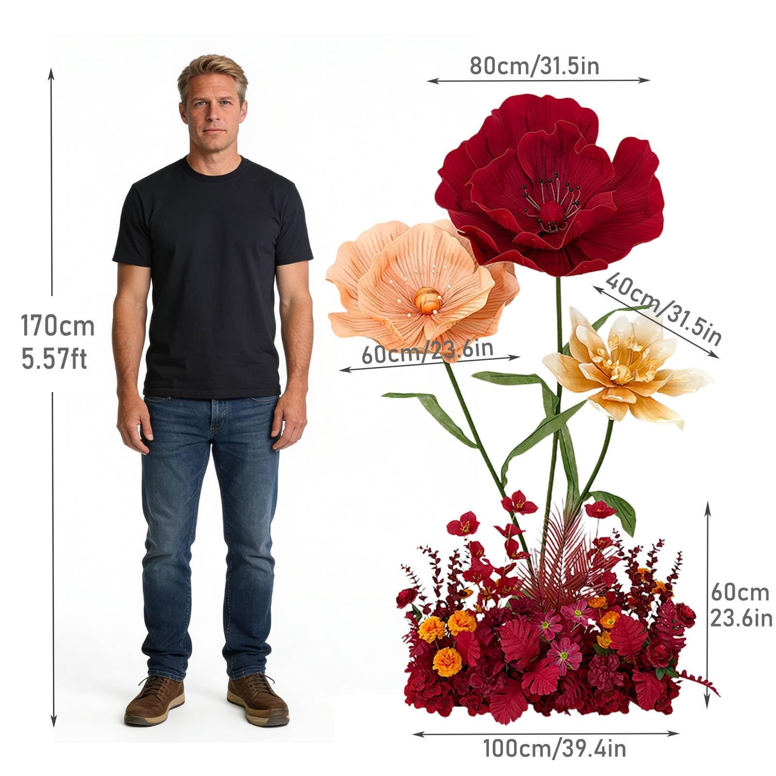 Fiori Giganti per Allestimenti, 170cm Fiore Gigante per Decorazione con Fila di Fiori Artificiali, per Matrimoni, Lauree, Addio al Nubilato, Compleanni, Sfondo da Parete Red,One Size