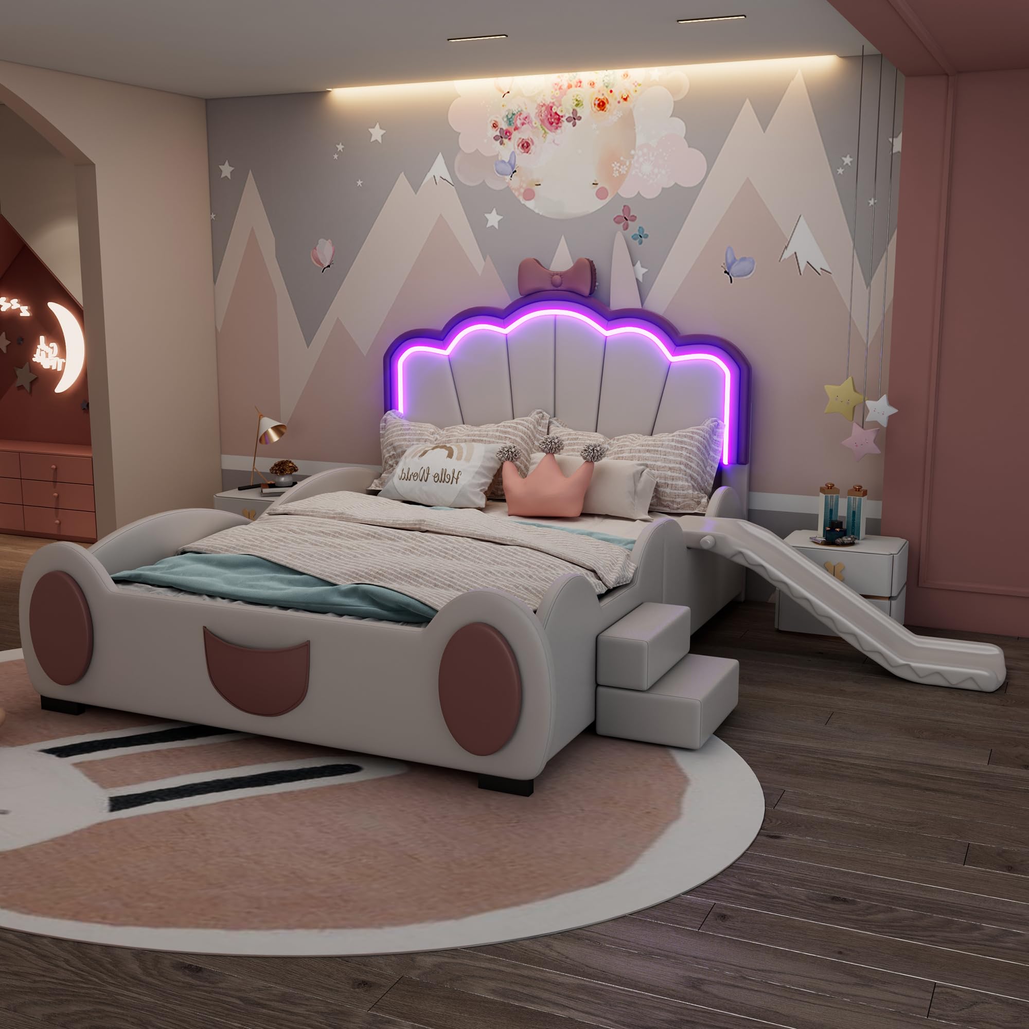 Letto imbottito per bambini - 140 x 200 cm - Motivo cartone animato - Testiera con design d'atmosfera - Letto per bambina con rete a doghe, scivolo e scala - Per camera dei bambini - Senza