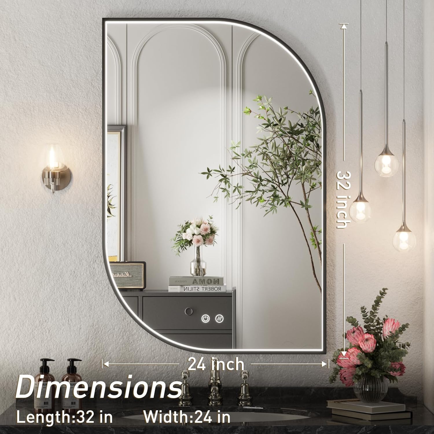 24X32 Inch LED Mirror for Bathroom with Lights,Black Frame Lighted Irregular Wall Mirror,Asymmetrical Vanity Mirror,Anti-Fog,Dimmable