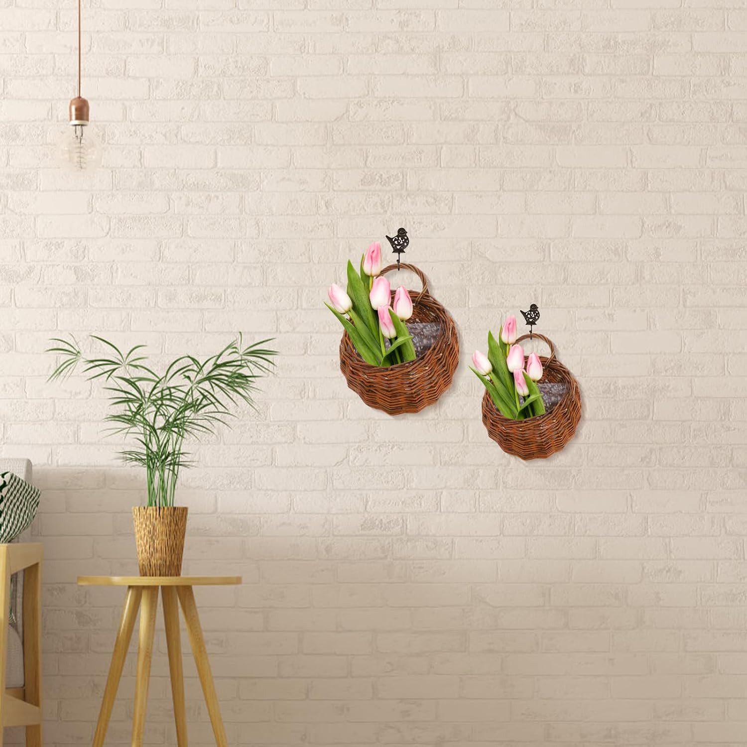 LIOOBO 2pcs Rattan Wall Flower Basket Set for Indoor Outdoor Hanging Plants, Small and Medium Size Woven Vertical Planters with Natural Color for Wall Decoration and Garden Display