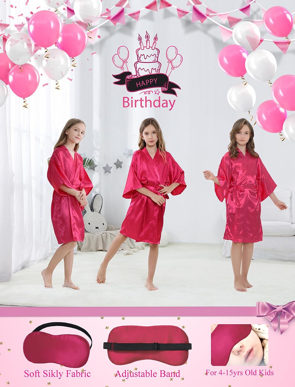 DOLOS Kids Girls Robes Sleepwear for Birthday Spa Bridal Party with Elastic Hair Ties Eye Mask and Hair Band