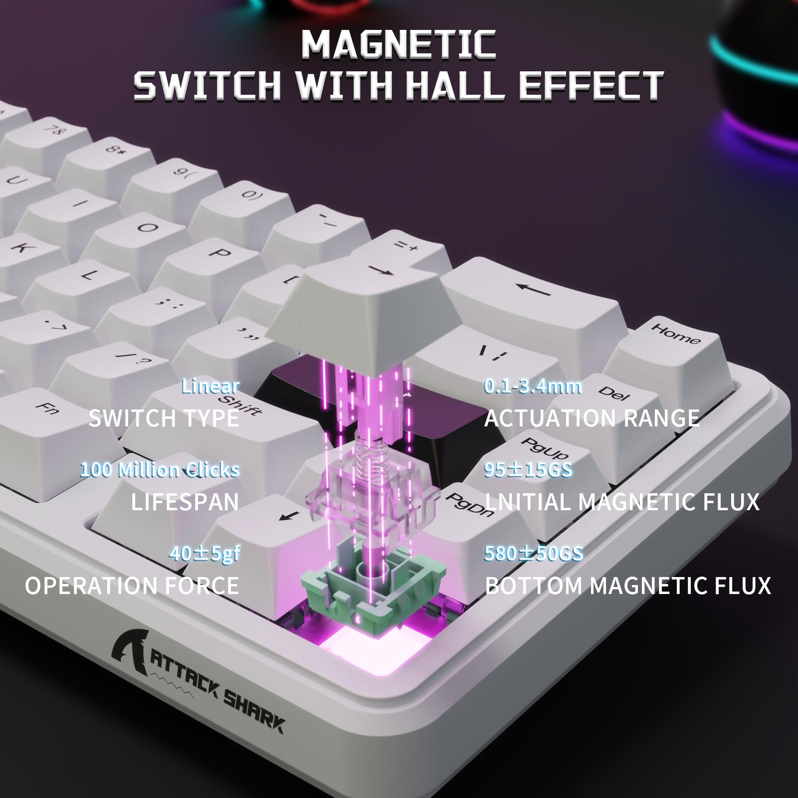 MAMBASNAKE x ATTACK SHARK Clavier Et Souris De Jeu Filaires, 59g Souris Sans Fil Superlight PAW3311, Mini Clavier Magnétique à Déclenchement Rapide 65% Avec Câble Spiralé 8Khz, QWERTY Pour PC -Blanc