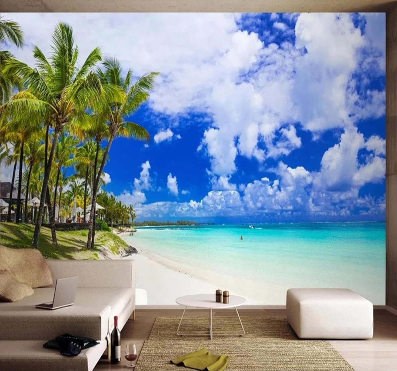 Xlming 430Cm×300Cm(B×H) Blue Sky White Clouds Beach Seascape Coconut Trees 3D Wallpaper Luxury Silk Study Dining Feature Sofa Grey Bedroom Living Room Tv Decorative Wall-430Cm×300Cm