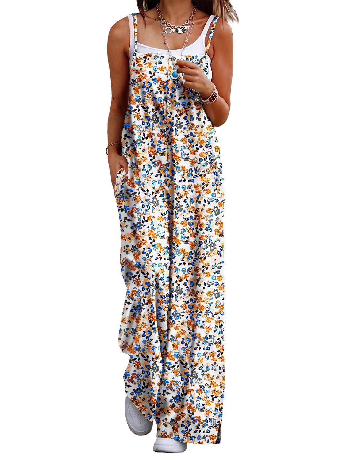 Women's Summer Boho Cotton Casual Jumpsuits Wide Leg Overalls Floral Print Baggy Rompers with Pockets PZZCR