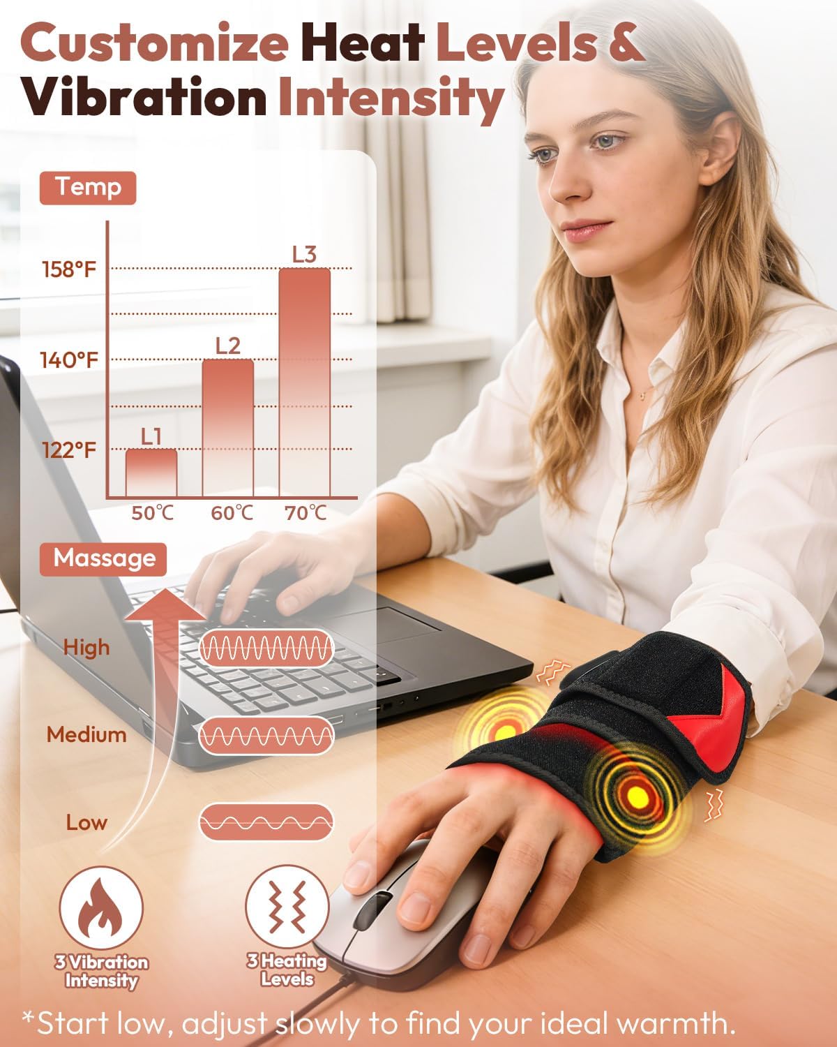 Red Light Therapy for Wrist Hands Wrap, Cordless Infrared Heating Pad with Vibration for Body, Arm, Knee, Foot, Wearable Heated Wrist Massager Brace, 660nm/850nm (Black) - Image 3