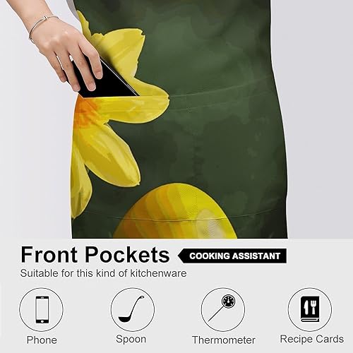Miniatura 5 de MUSM Yellow Flower And Egg ApronClassic Vintage Funny with Pockets Aprons,Adjustable Bib Waterdrop Resistant for Kitchen Cooking Restaurant BBQ
