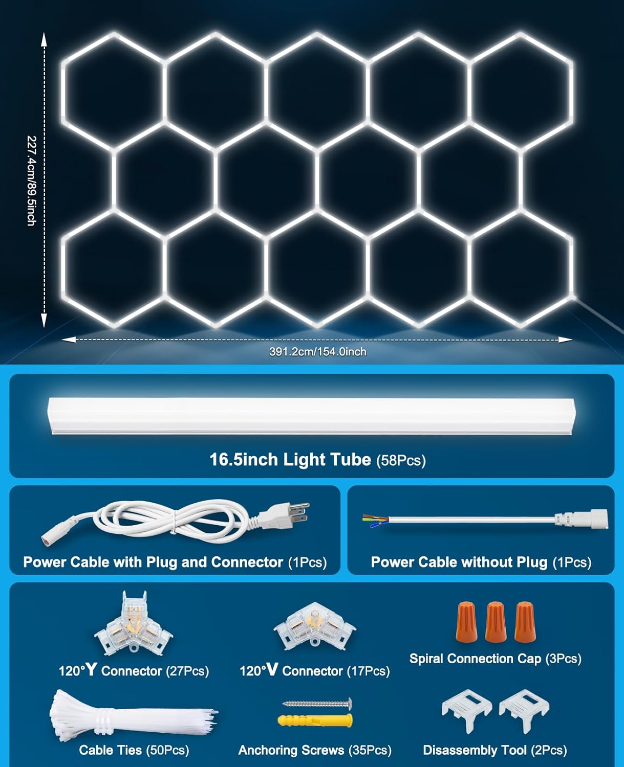 Hexagon led Lights: DIY Ceiling LED Light Hexagon Garage Lights 63070LM for Warehouse Workshop Barbershop Car Care Wash Room Auto Beauty Shop Gym Exhibition Hall 14 Grids without Rectangle Frame 6500K
