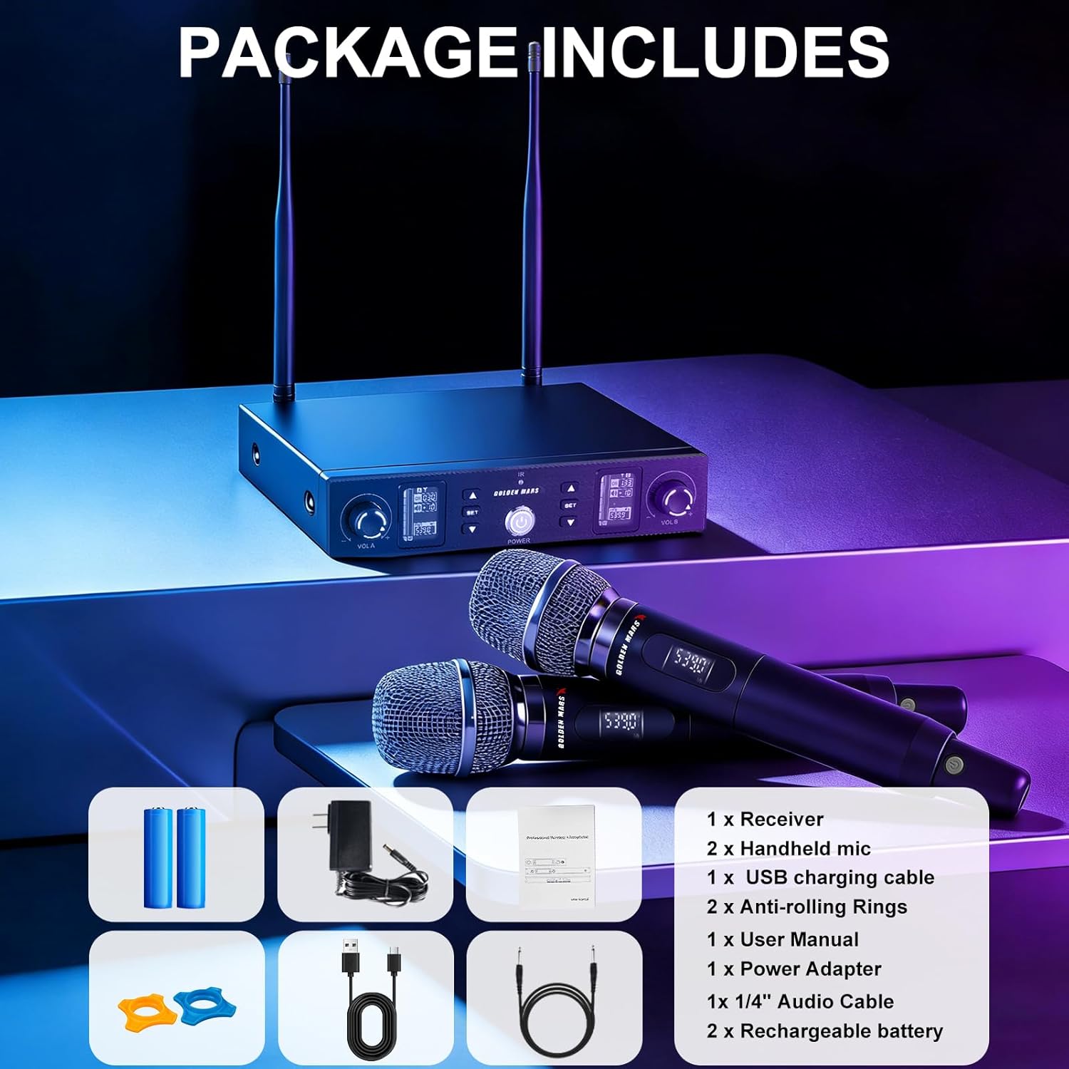 Wireless Microphone System, Upgraded 2.4GHz Rechargeable Professional AI Automatic Channel Connection Metal Wireless Mics Set with 400ft Receiving Distance for Singing Karaoke DJ Church