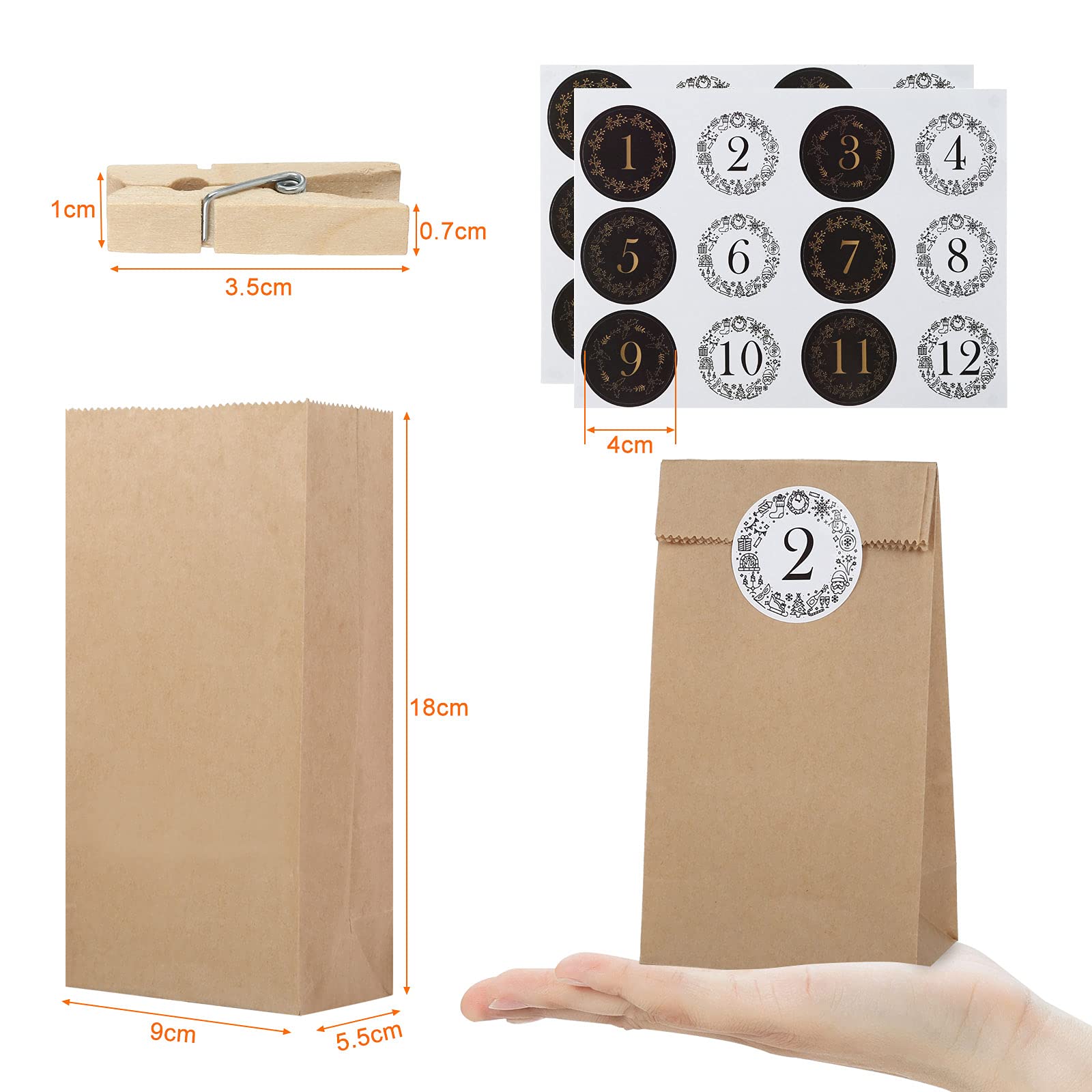 GWHOLE Calendrier De L'Avent DIY 24 Pochettes Kraft - Avec Autocollants, Pinces Et Ficelle - Noël 2024 à Remplir