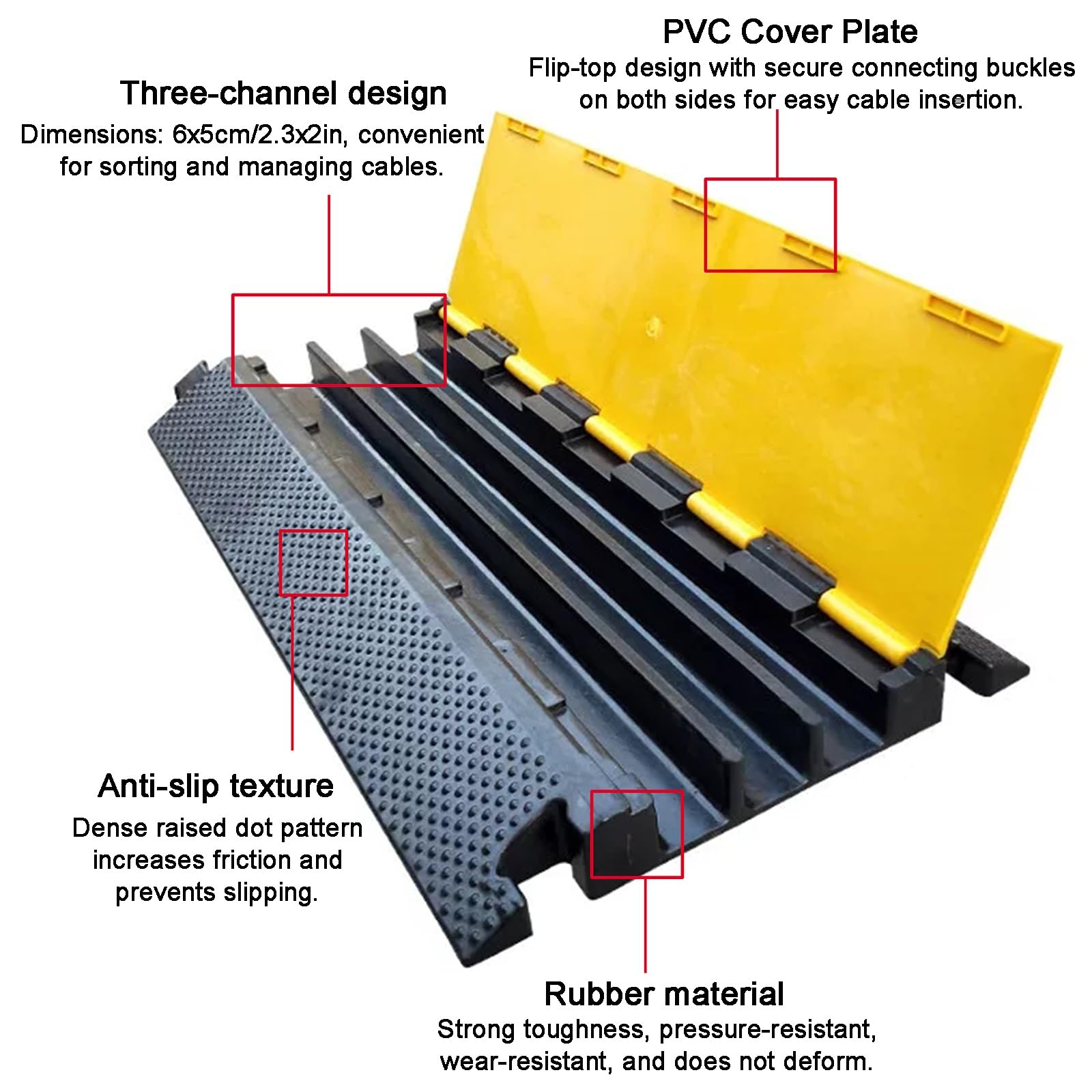 Pasacables Suelo de 3 Canales, Protector de Cable para Exteriores, Reductor de Velocidad de Goma, 90x49x6.5 cm, Capacidad de 5 Toneladas, para Grava, Asfalto y Hormigón