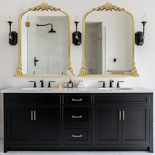 Miniatura 8 de Growsun Espejo arqueado dorado, 24 x 36 pulgadas, decoración de espejo de pared barroco antiguo, espejo adornado tradicional con marco de metal