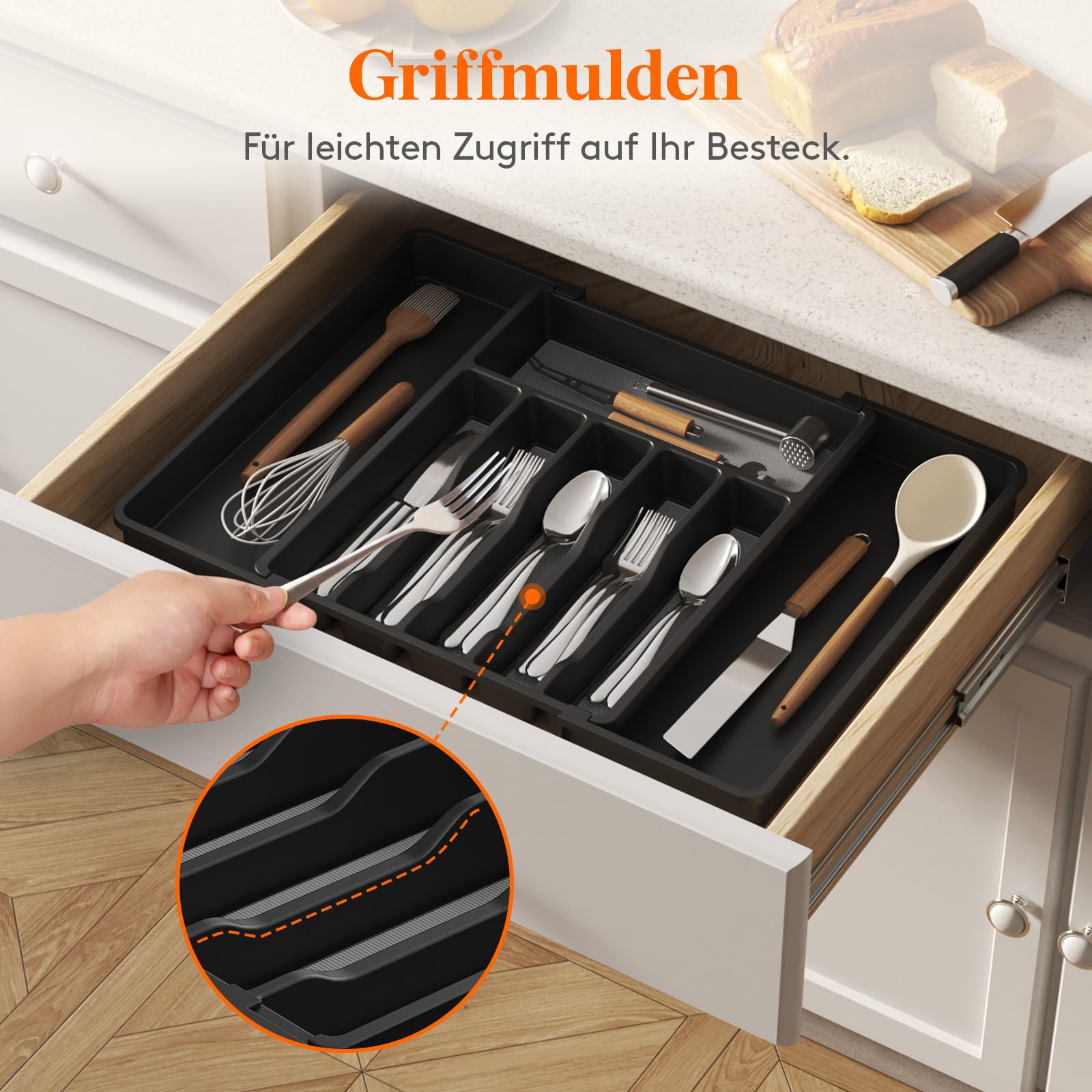 Lifewit Besteckkasten für Schubladen mit Rutschfestes TPR, verstellbarer Kunststoff Organizer Küche Tiefe 42,4 cm, erweiterbar bis 57 cm, Besteckeinsatz für Löffel/Messer, Schwarz & Grau