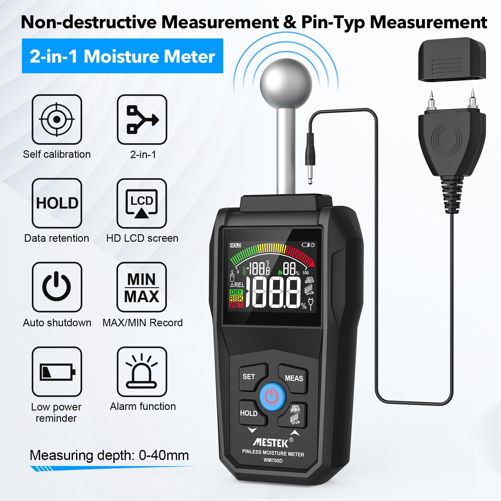 Misuratore di Umidità, MESTEK Igrometro,2 in 1 Misuratore Umidità Muri con LCD a Colori e Allarme Acustico, Profondità di Analisi 20-40 mm,per Legni, Parete, Pavimenti, Legno, Gesso