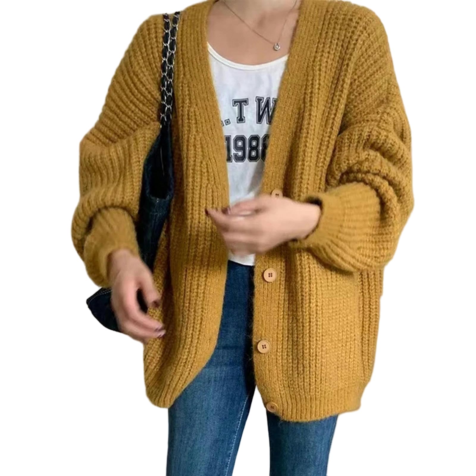Sweter dla kobiet gruby dzianinowy kardigan damski z długim rękawem dekolt w serek zapinane na guziki swetry kurtka elegancka dzianina jesienno-zimowy strój