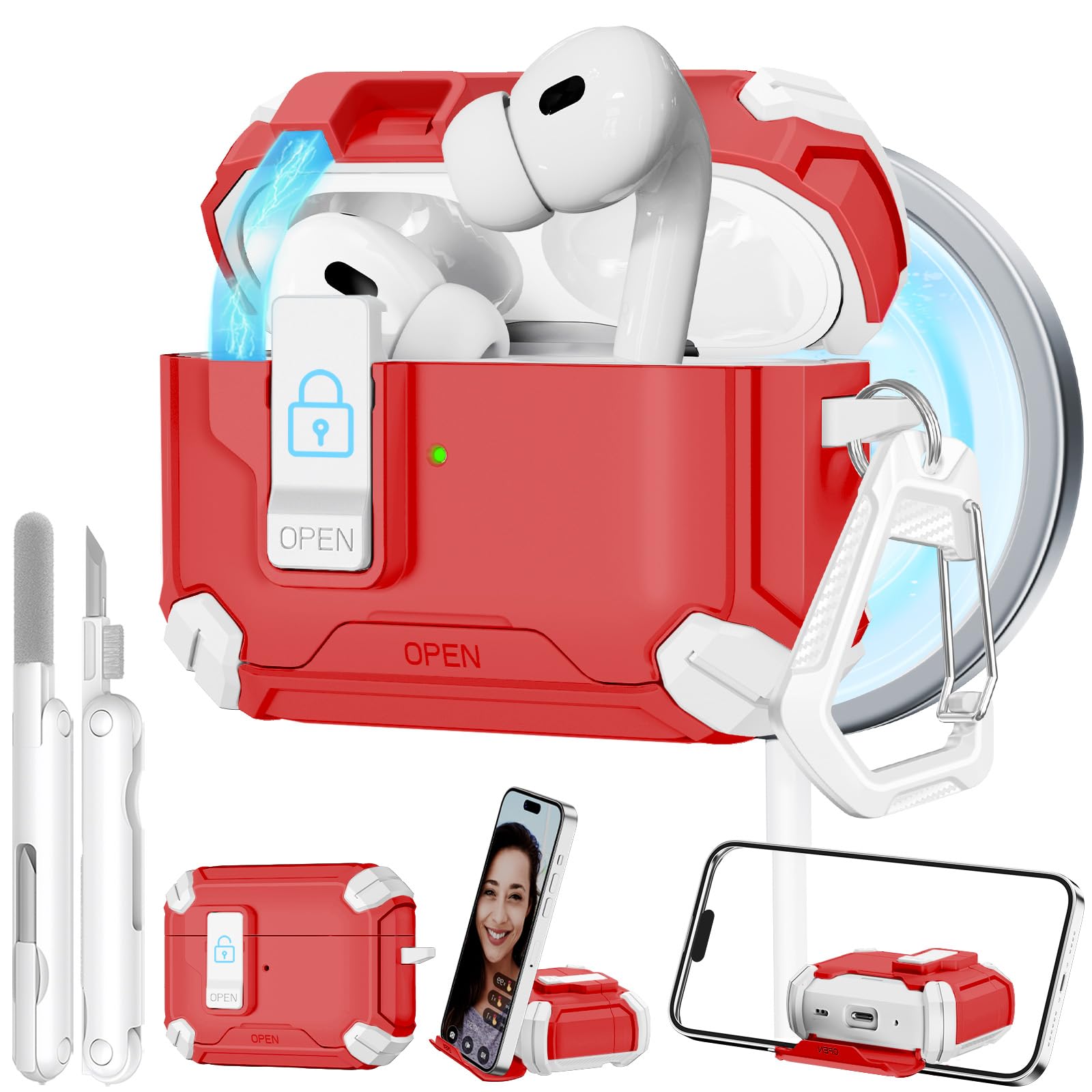 for AirPods Pro 2 Secure Lock Case with Phone Stand, Compatible with MagSafe, Case Cover for Apple AirPods Pro 2nd/1st Generation with Cleaner and