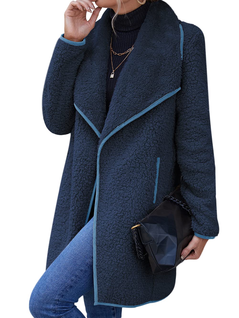 Les umes Womens Fuzzy Fleece Jacket Faux Fur Warm Coat Long Lapel Cardigan Coats Outwear With Pockets