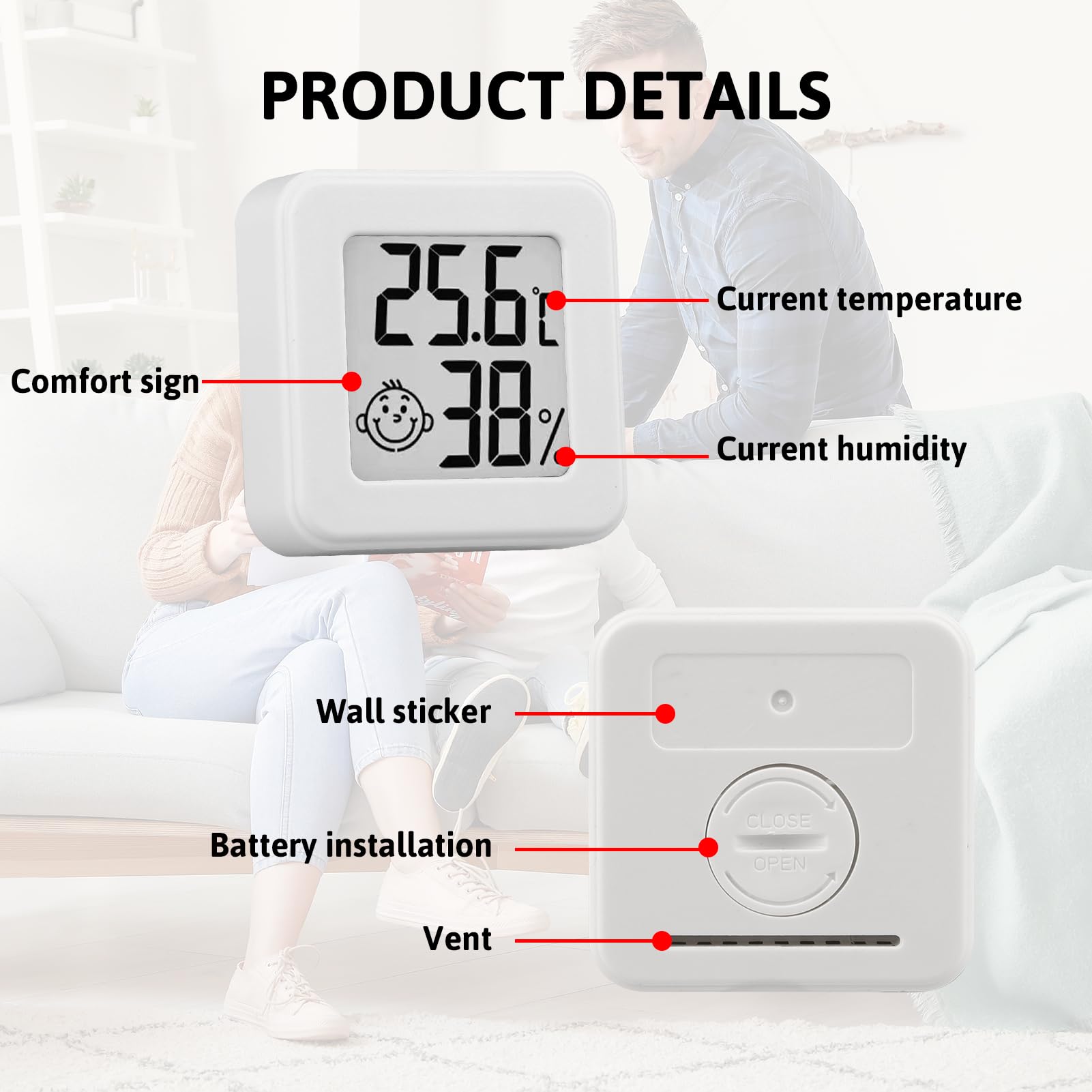 Thermomètre Hygromètre Intérieur Numérique Lot de 6, Mini Thermomètre Digital Haute Précision, Moniteur Température Humidité pour Chambre Bébé, Bureau, Salon, Cave, Serre, Cave à Vin (Blanc)