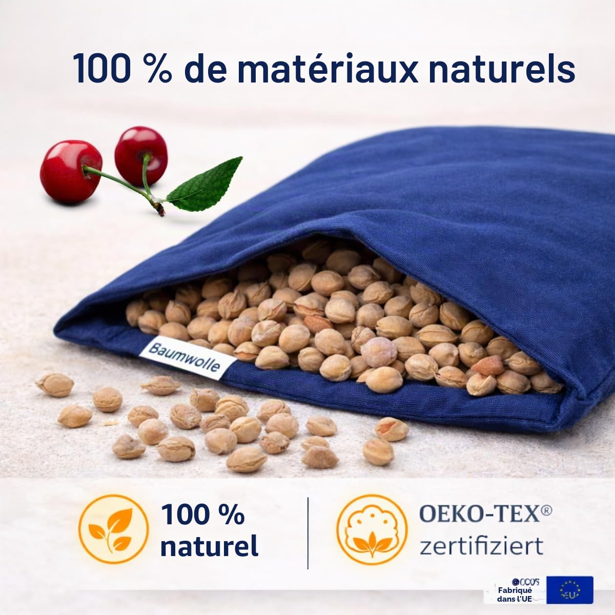 Coussin garni de noyaux de cerises Bouillotte de grand format 25 x 30 cm Taille XXL Fabriqué en Allemagne et certification Oeko-Tex 100