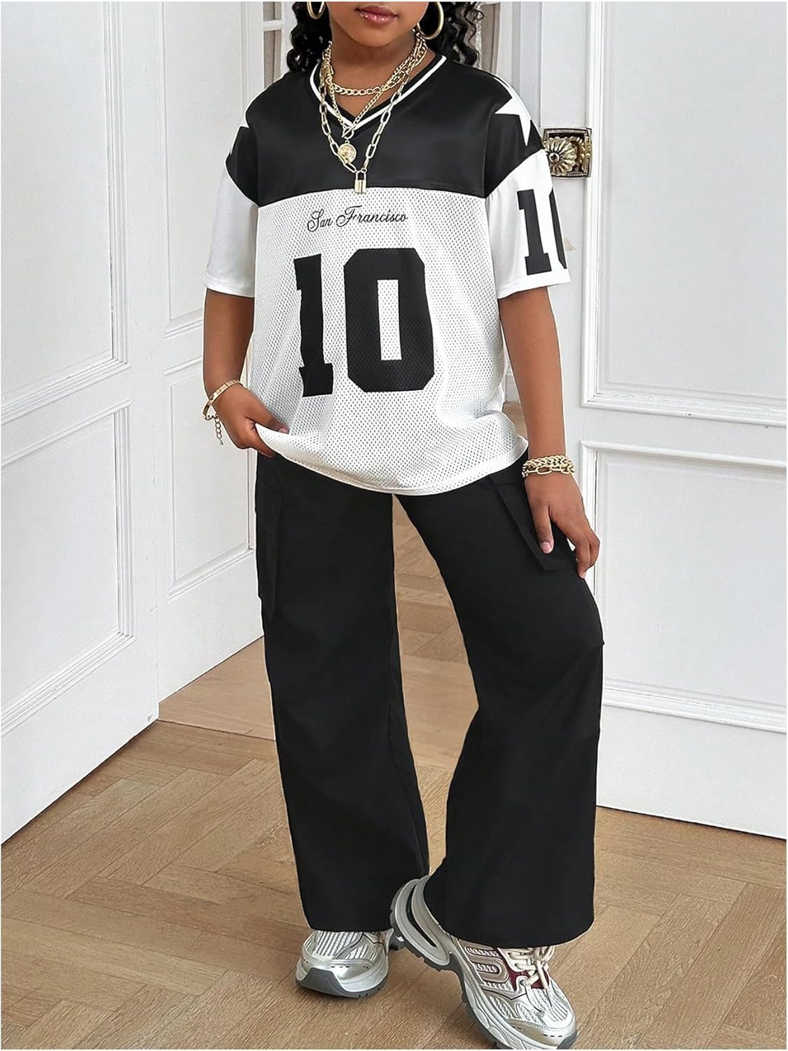 Floerns Girl's Two Piece Outfit Y2k Number V Neck Jersey Shirts with Cargo Pants Set - Image 4