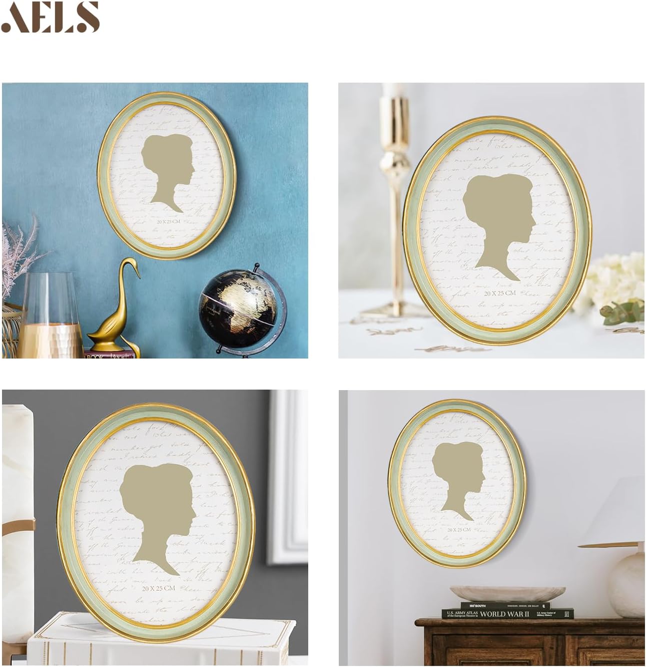 AELS 8x10 Inch Vintage Picture Frame, Elegant Antique Photo Frames with Glass Front, Photo Display, Tabletop Wall Hanging, Gift Ideas, Oval Sage Green with Gold Trim