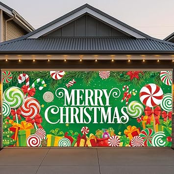 Christmas Garage Door Cover 7x16FT Garage Merry Christmas Decorations with Bar Magnets & Ropes, Holiday Garage Door Banner Decorative Xmas for Indoor Outdoor with Installation Instructions