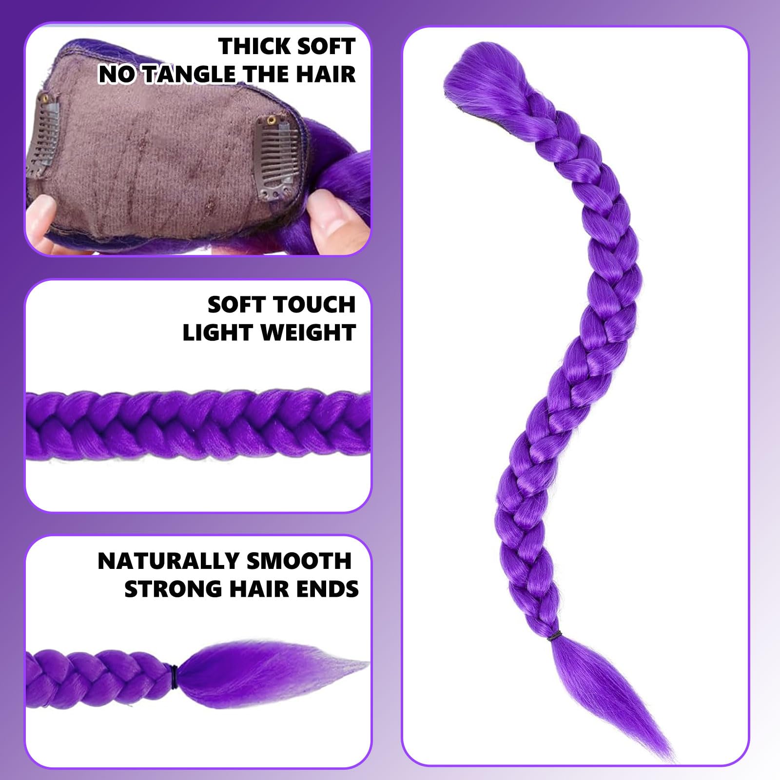 Pinza Trenza Postiza Morada Oscura, Trenzado Cabello Pre-estirado para Fiestas, Cosplay, Halloween, Escenario