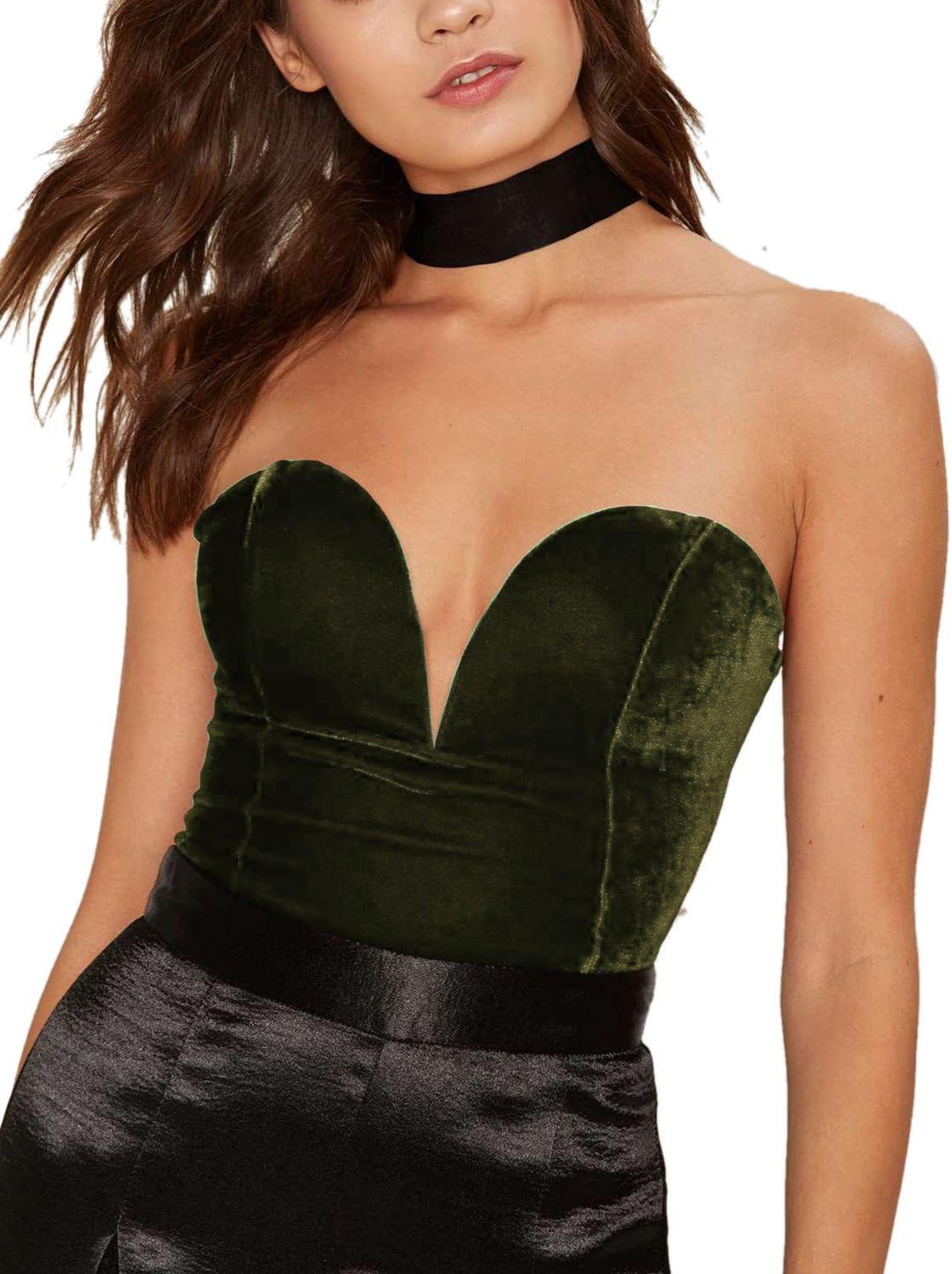 Choies Women's Burgundy/Black Sexy Plunge Neck Strapless Cross Back Velvet Bodysuit - Image 3