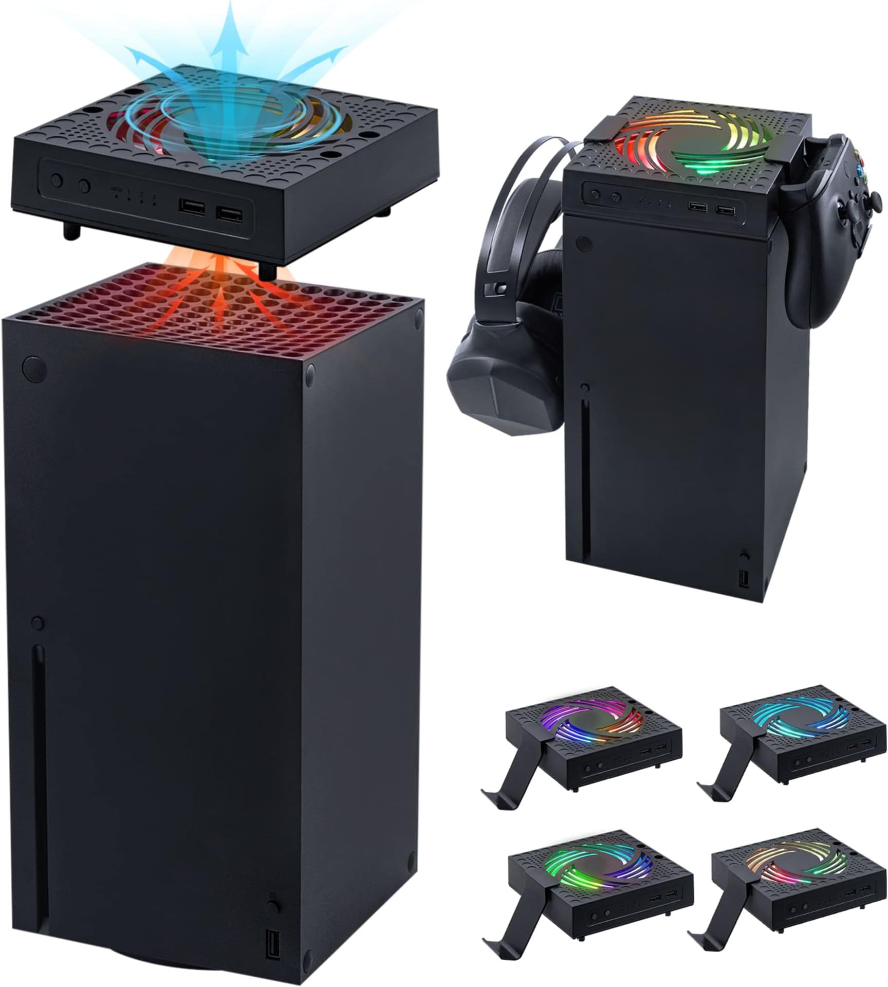 Mcbazel Cooling Fan for Xbox Series X, 3 Levels Adjustable Speed Fan RGB Light Cooling System for Xbox Series X With 2 Pcs Headset Stand