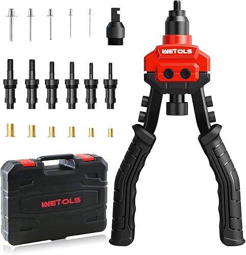 WETOLS WE-890 Herramienta de tuerca remachadora 3 en 1, pistola remachadora, juego de escariador, kit profesional de pistola remachadora con 5