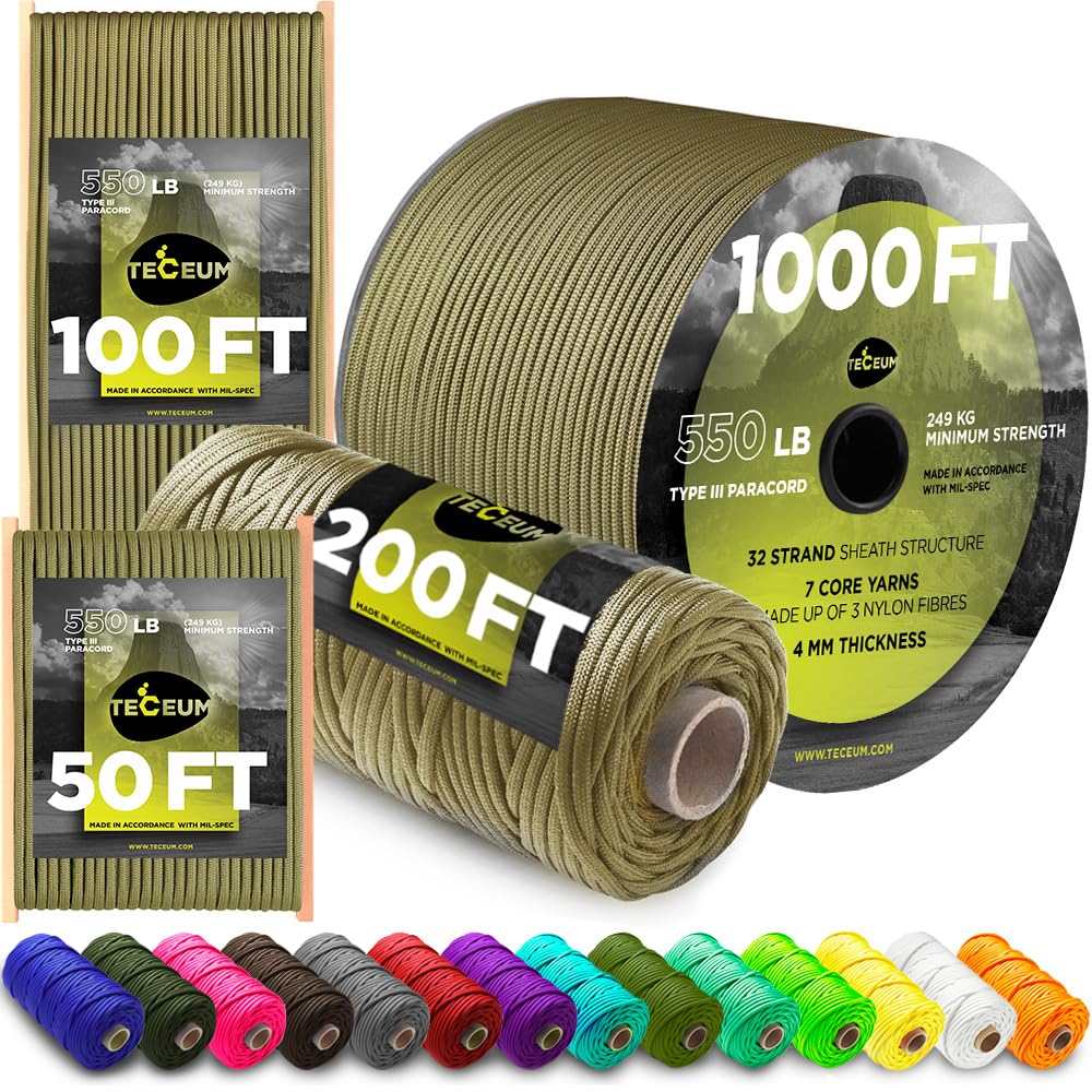 TECEUM Paracord Type III 550 Coyote Brown – 60 m – 4mm – Tactical Rope MIL-SPEC – Outdoor Para Cord – Camping Hiking Fishing Gear and Equipment – Parachute Cord – Strong Survival Rope (200ft) 012 — image 1