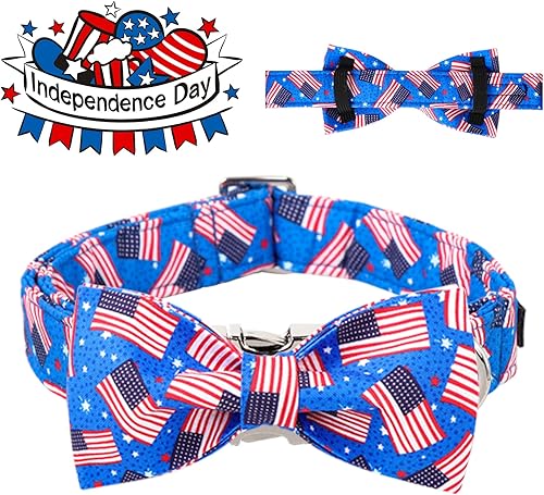 Miniatura 6 de MACA Bates - Collar de perro con bandera estadounidense con lazo, collar patriótico de algodón suave para perro del 4 de julio, collar ajustable con