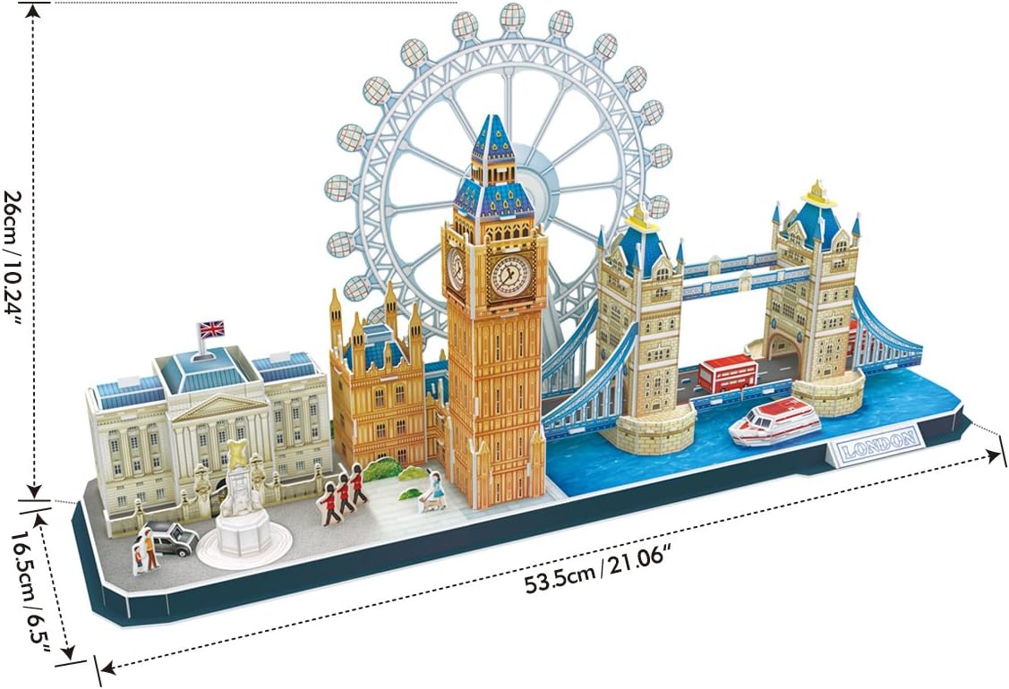 CubicFun London CityLine 3D Puzzle with dimensions labeled: 53.5cm length, 26cm height, 16.5cm width