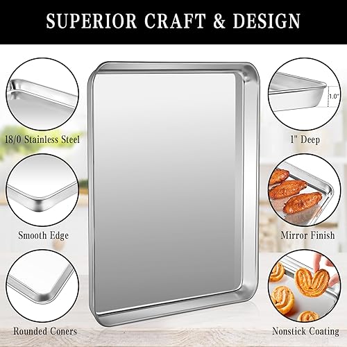 Miniatura 4 de Fire More Juego de 2 bandejas para hornear, bandejas de acero inoxidable para hornear, bandeja de horno, tamaño 12 x 10 x 1 pulgada, no tóxicas,