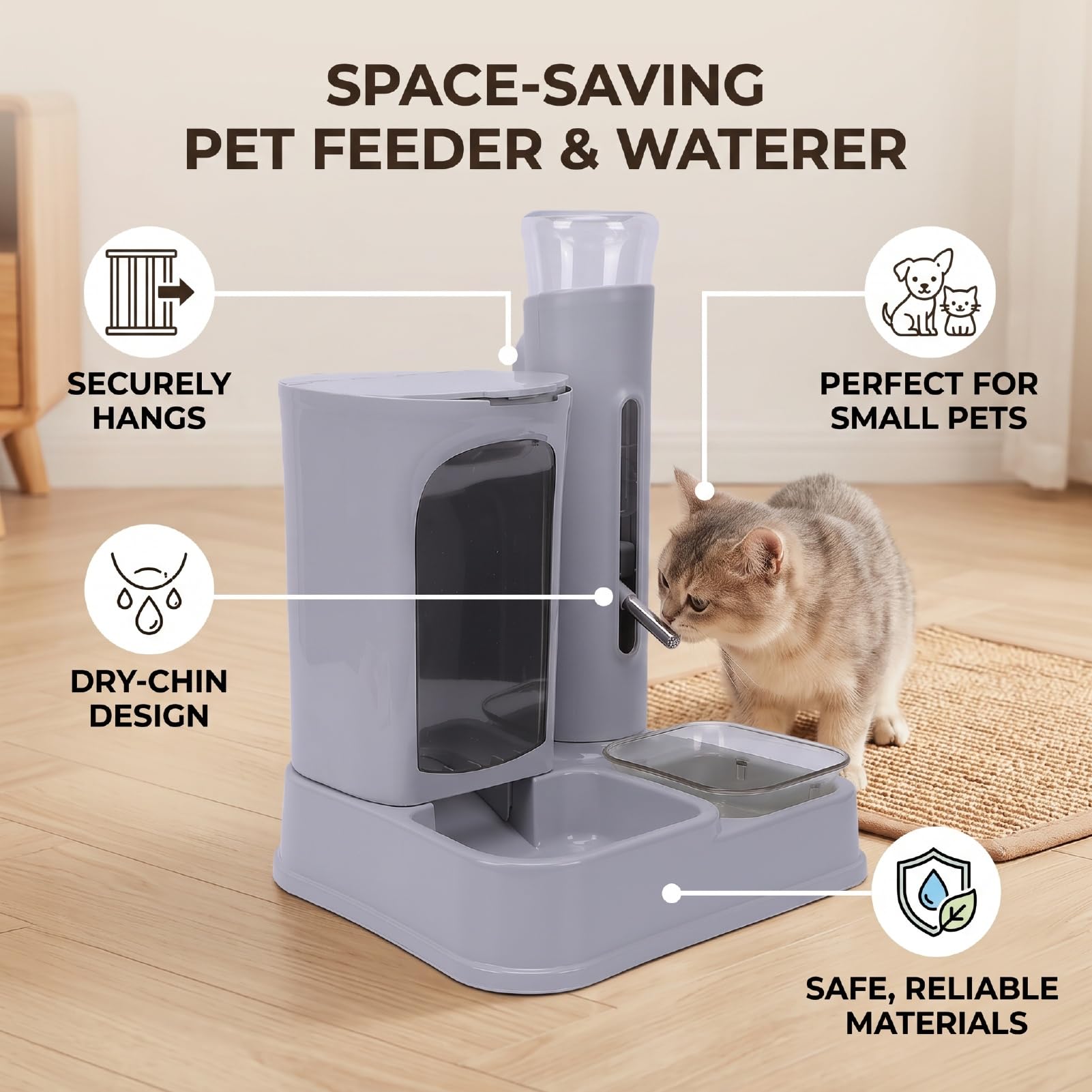 Comedero para Gatos Colgante y Dispensador de Agua 2 en 1 (Gray)